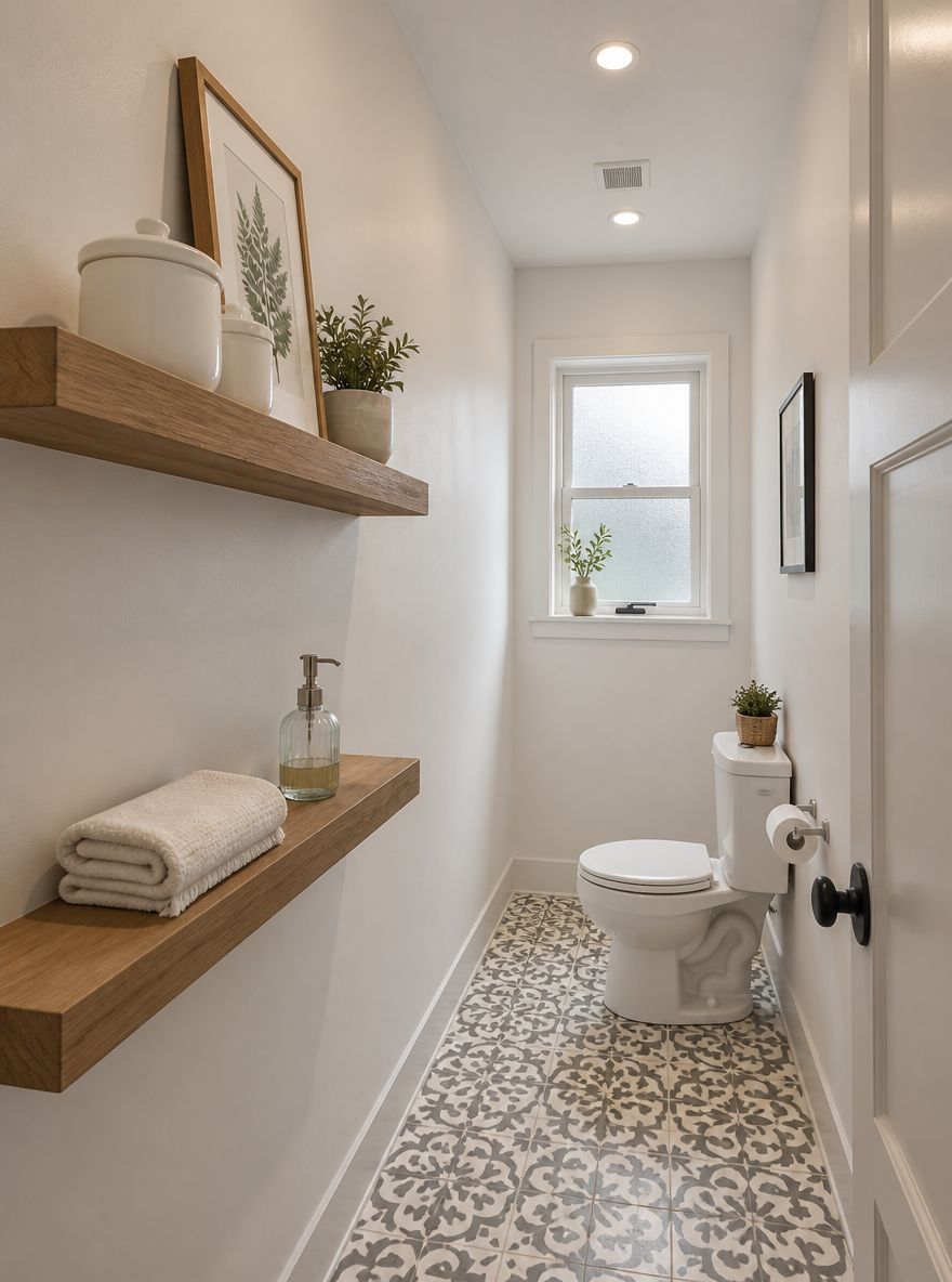 Dual-height shelves along a galley bathroom wall