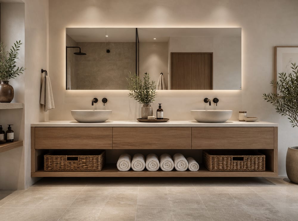 Floating vanity with open shelf holding wicker baskets