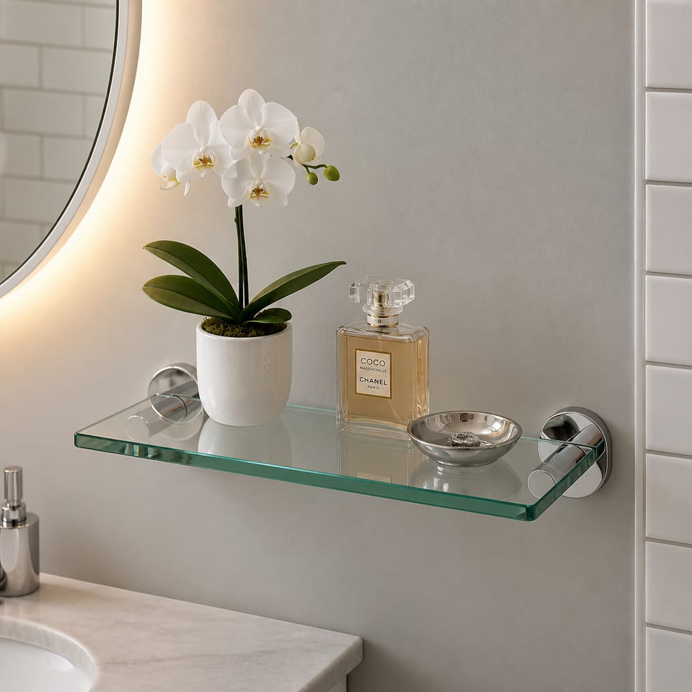 Glass shelf with orchid beside a backlit mirror