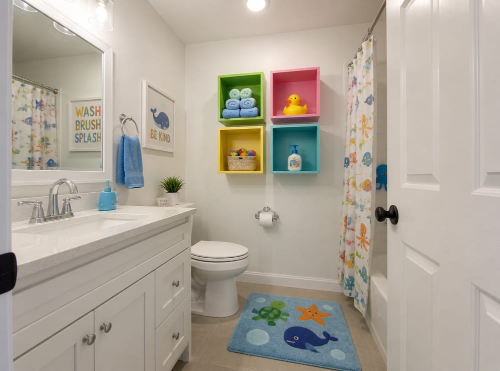 Colorful cube shelves in a kids bathroom