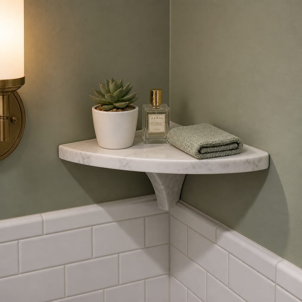 Corner marble shelf with succulent and washcloth