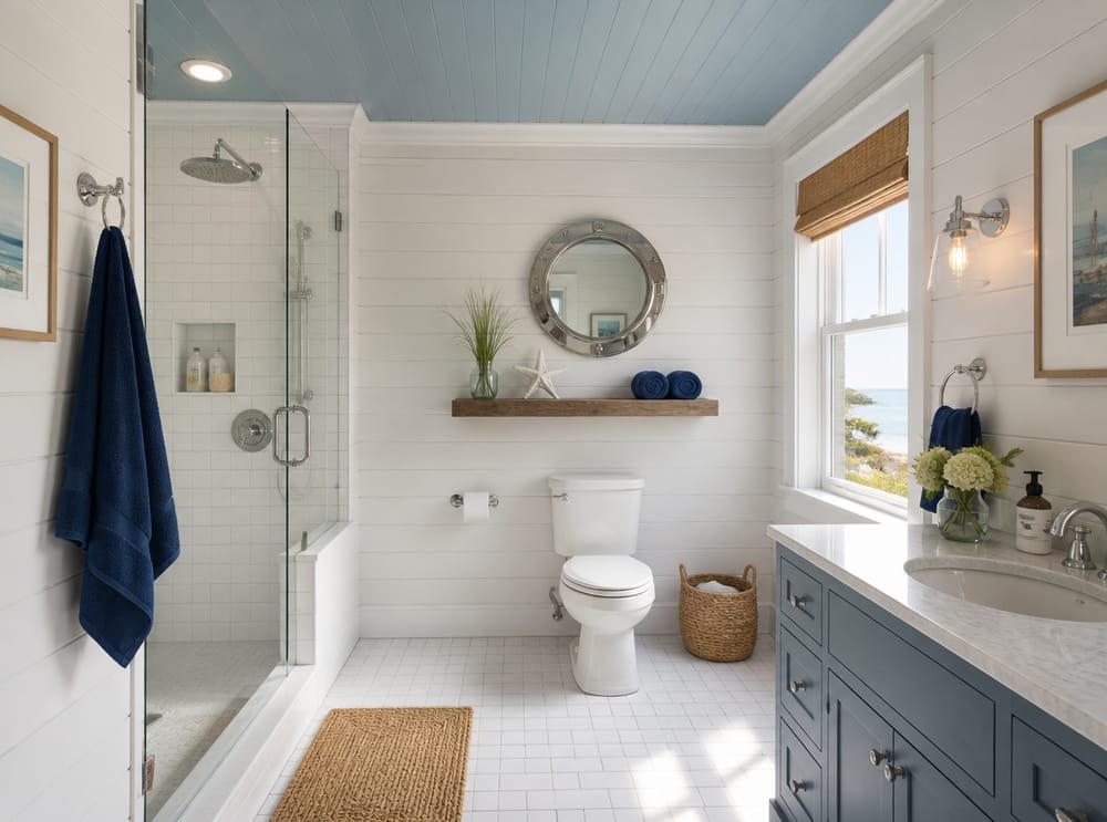 Driftwood shelf with coastal accessories above toilet