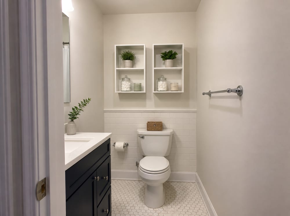 Paired box shelves above the toilet tank