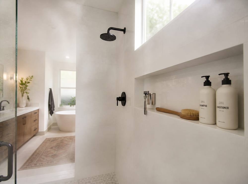 Horizontal shower niche with bath product lineup
