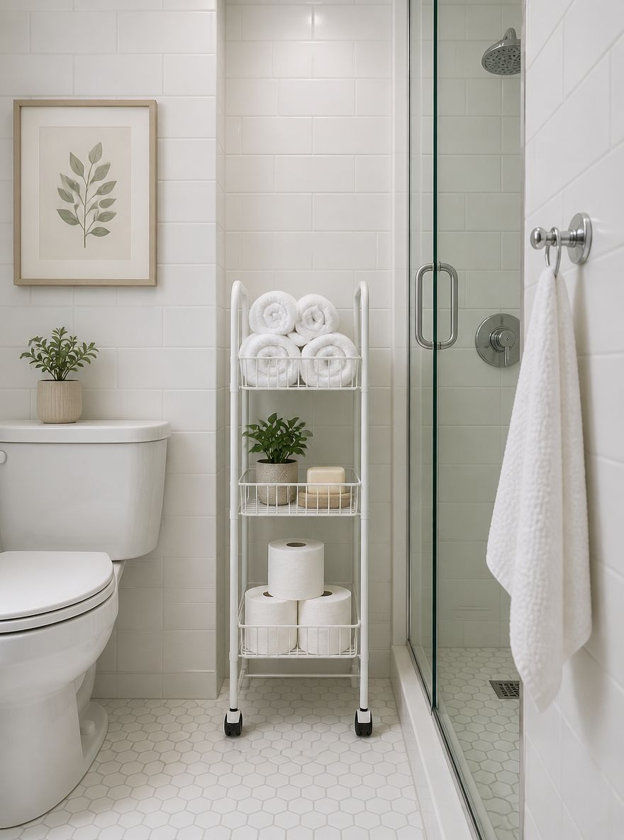 Slim rolling cart between toilet and shower