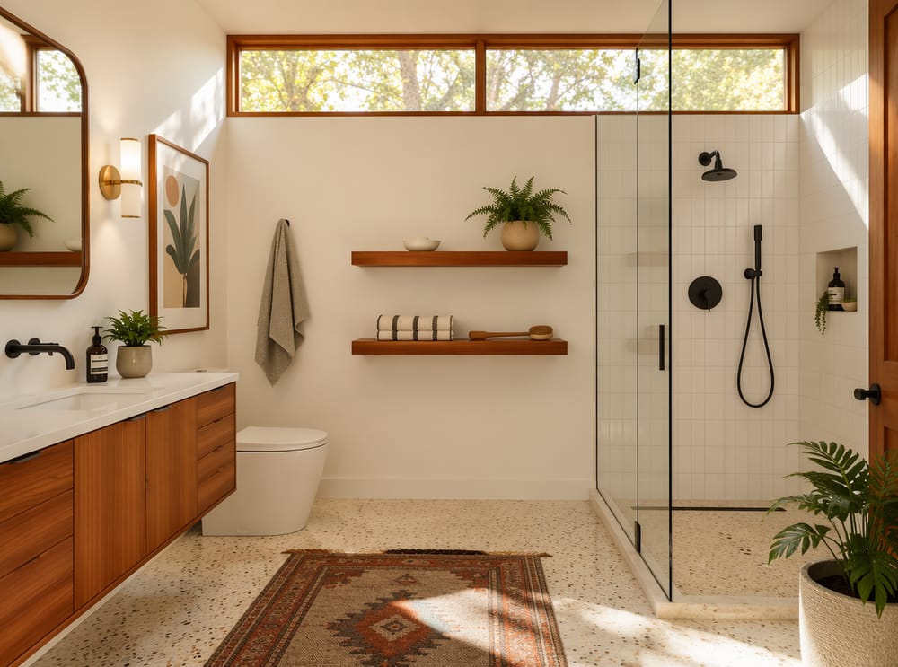 Teak shelves beside a frameless glass shower