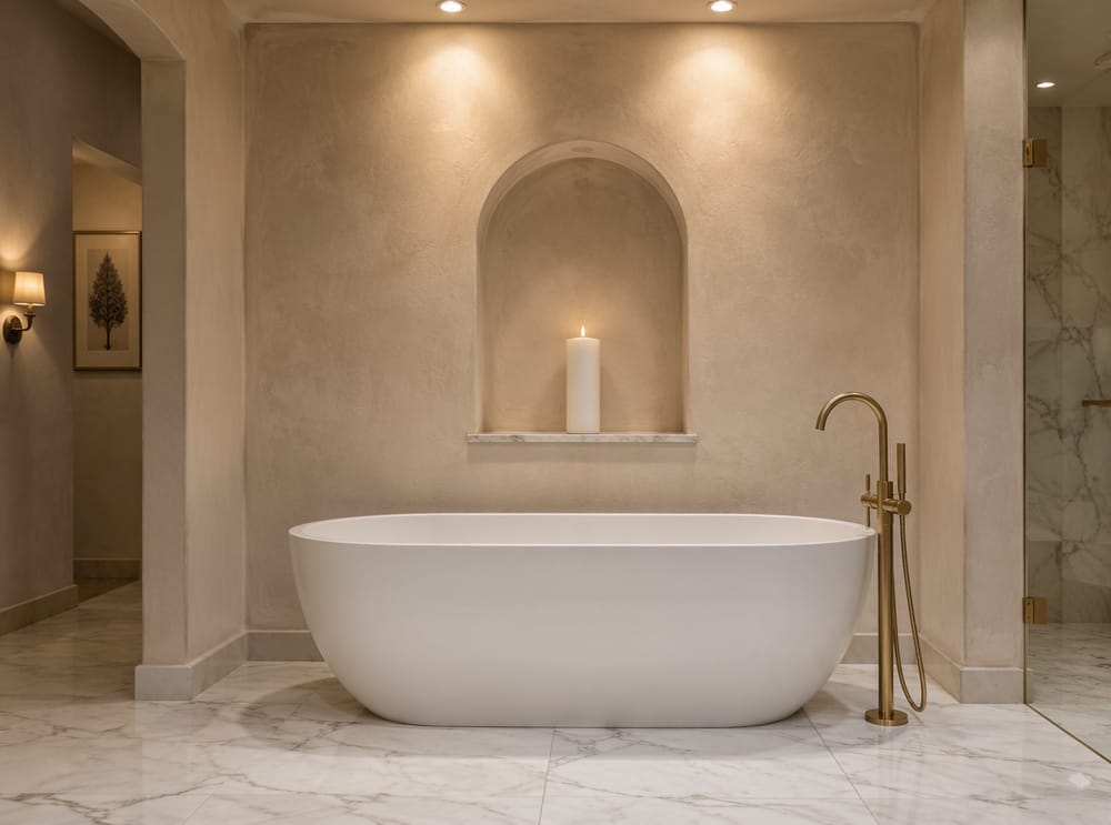 Arched plaster niche above a freestanding tub