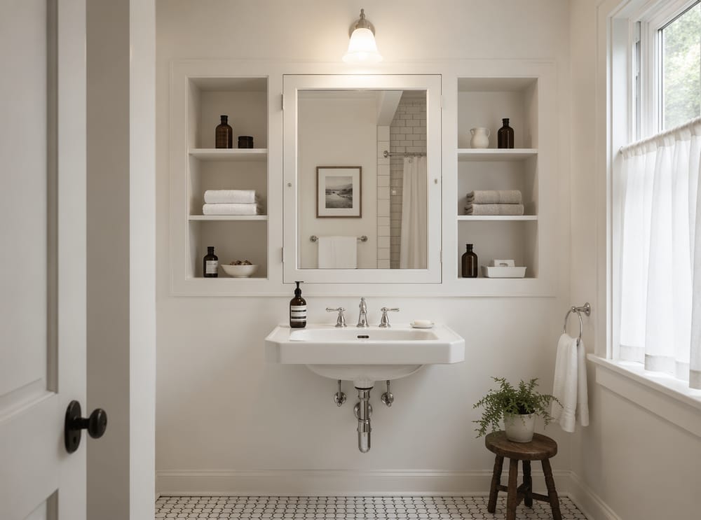 Open shelves flanking a recessed medicine cabinet