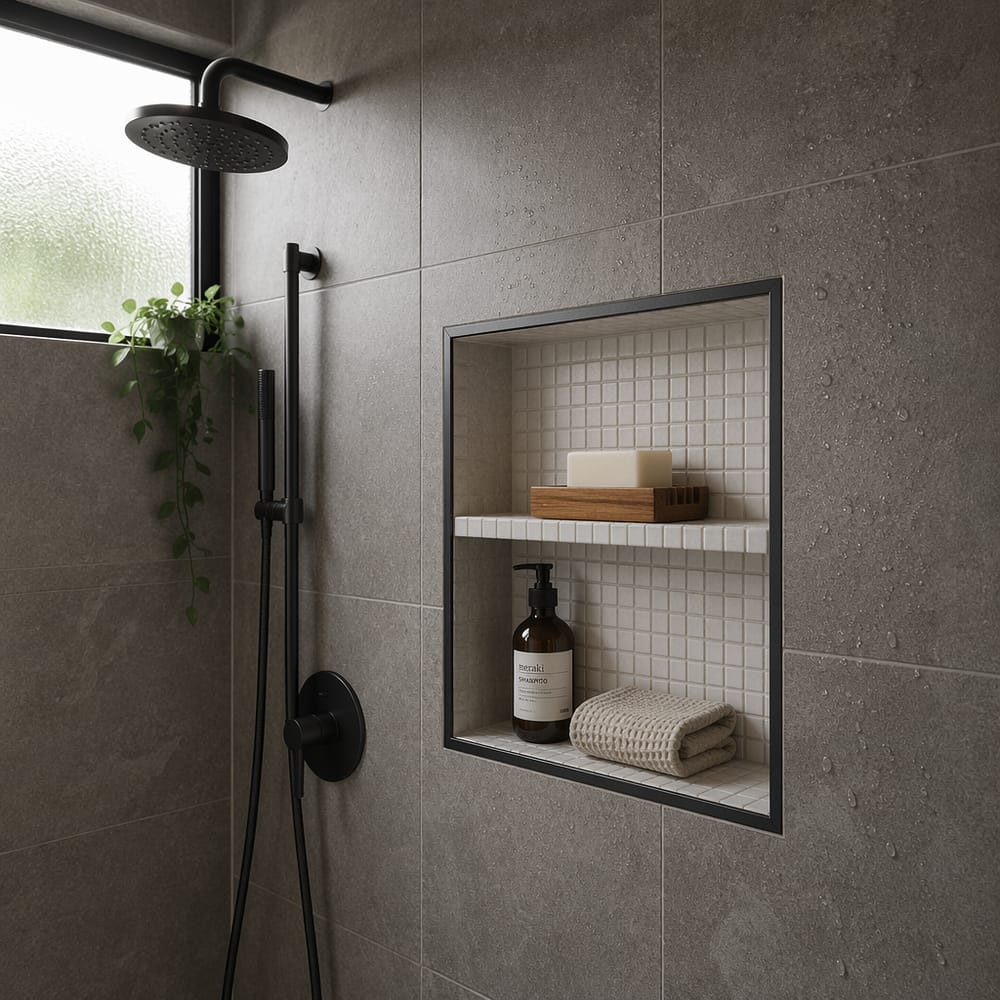 Mosaic-tiled double shower niche with wood soap dish