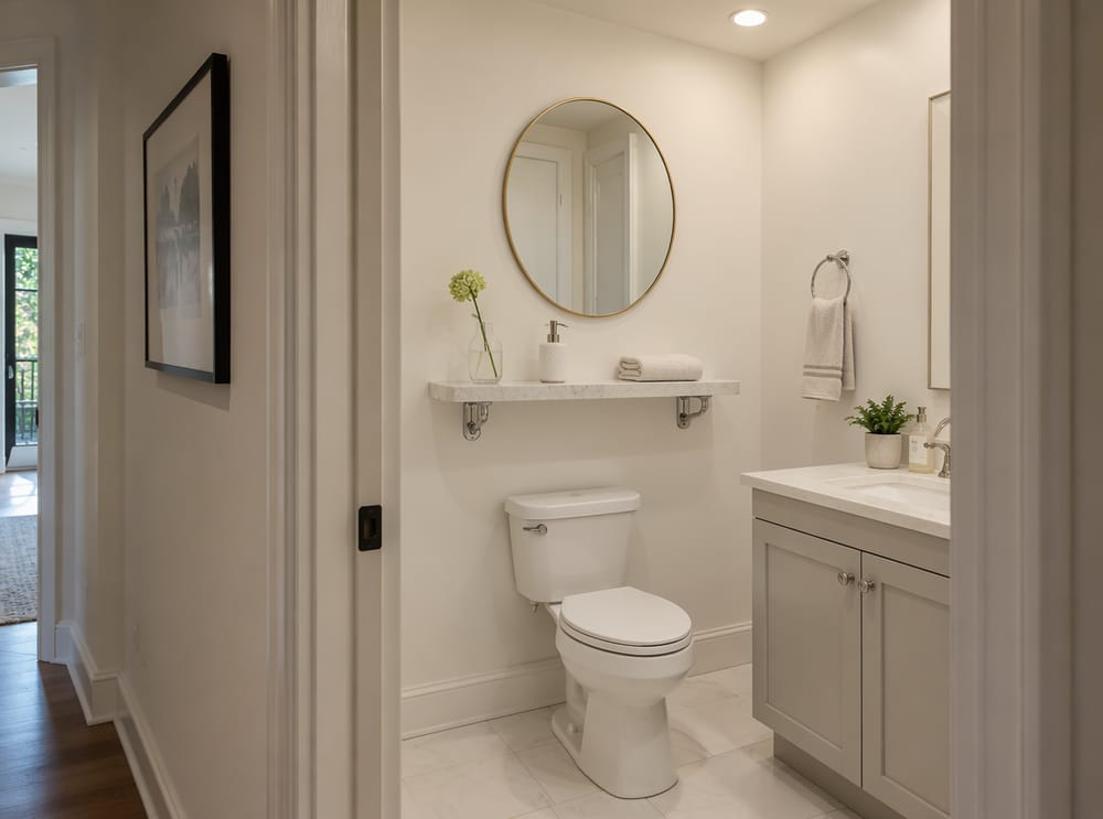 Honed marble shelf with bud vase above toilet