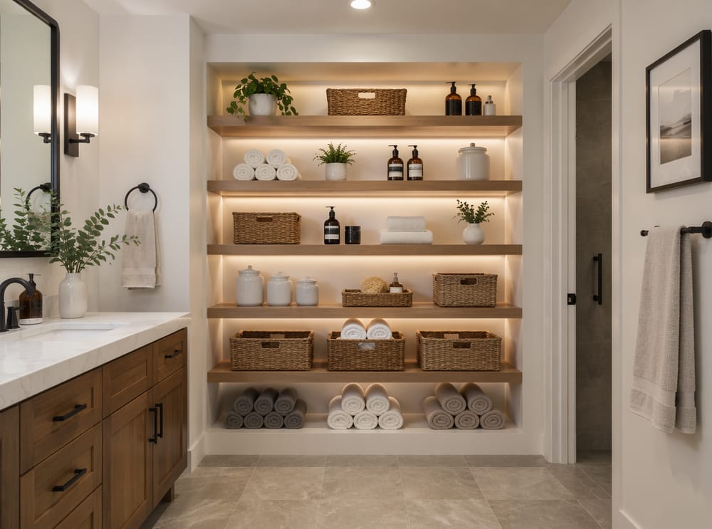 Full alcove wall of open shelves with varied storage