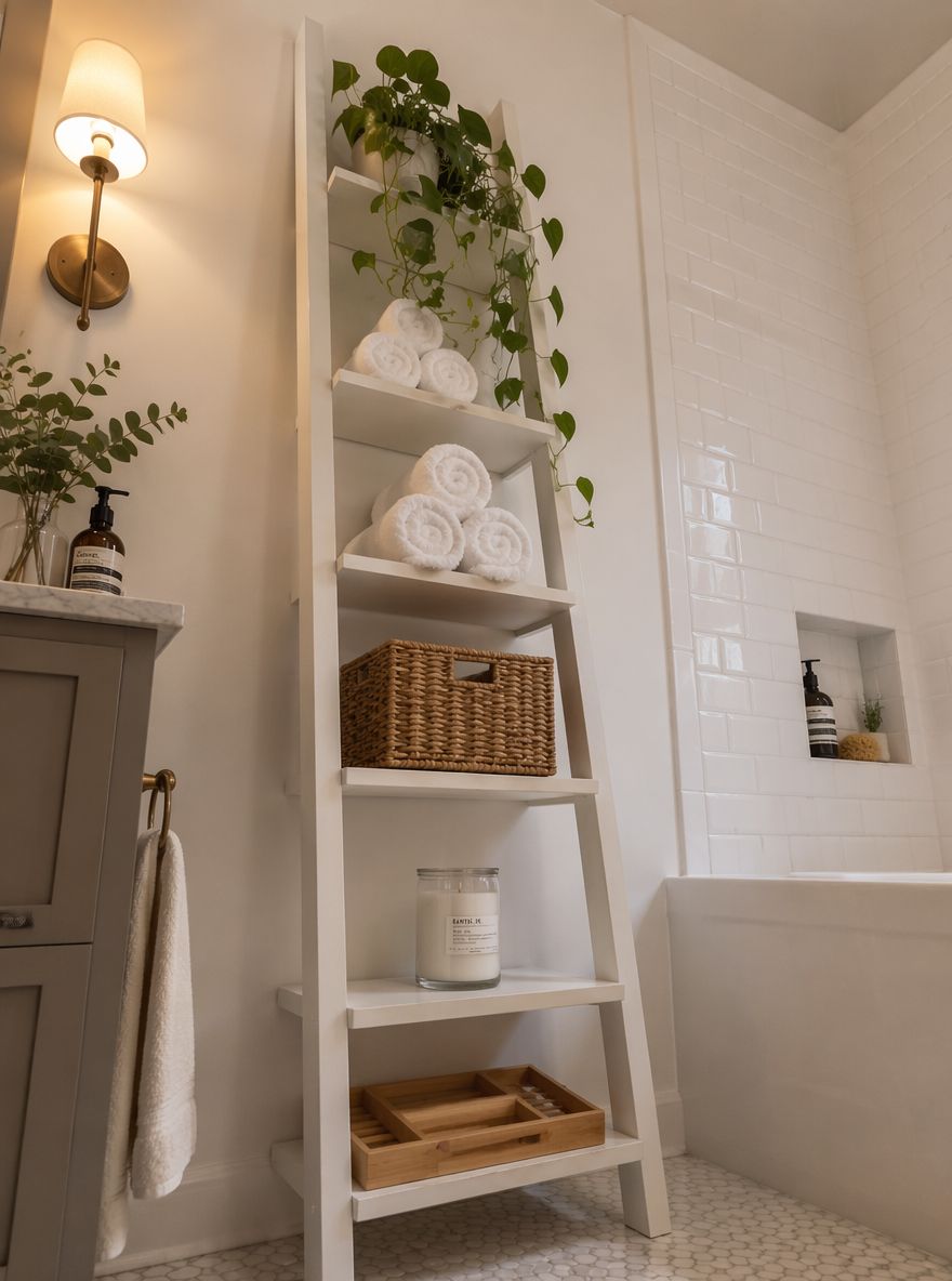 Tall white ladder shelf beside a tiled bathtub