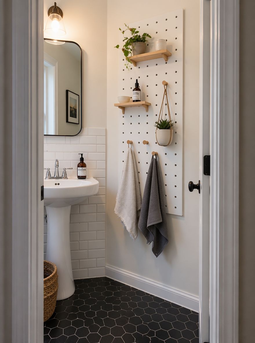 Pegboard with shelf inserts and towel hooks