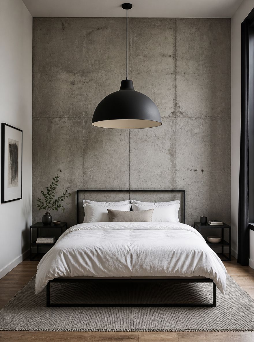 Minimal siyah metal çerçeve arkasında ham beton panel