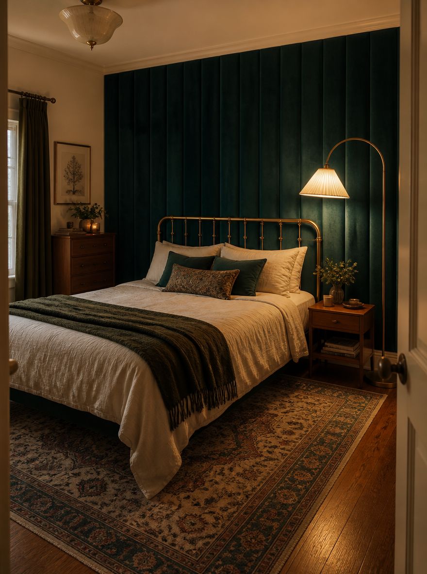Teal velurpanel bak sengegavl med messingramme