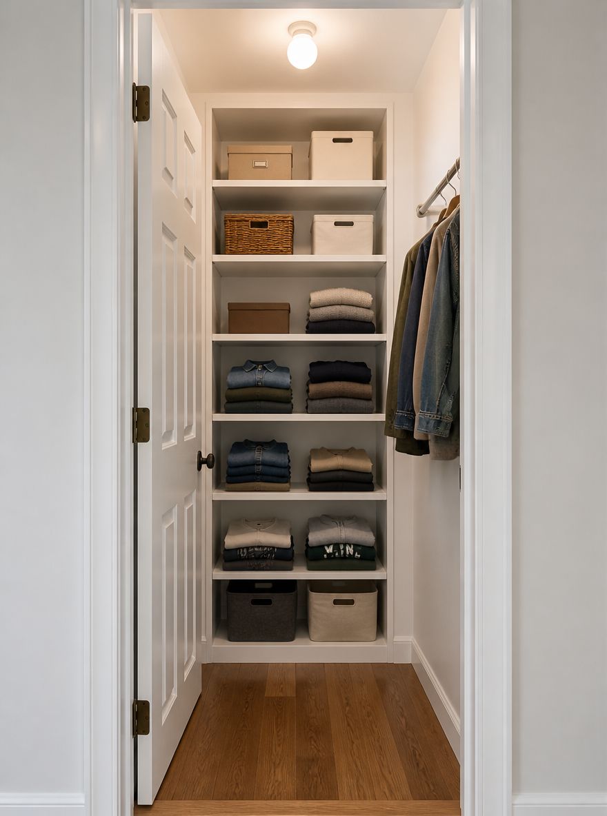 Wysoki, siedmiopółkowy regał w wąskiej szafie wnękowej