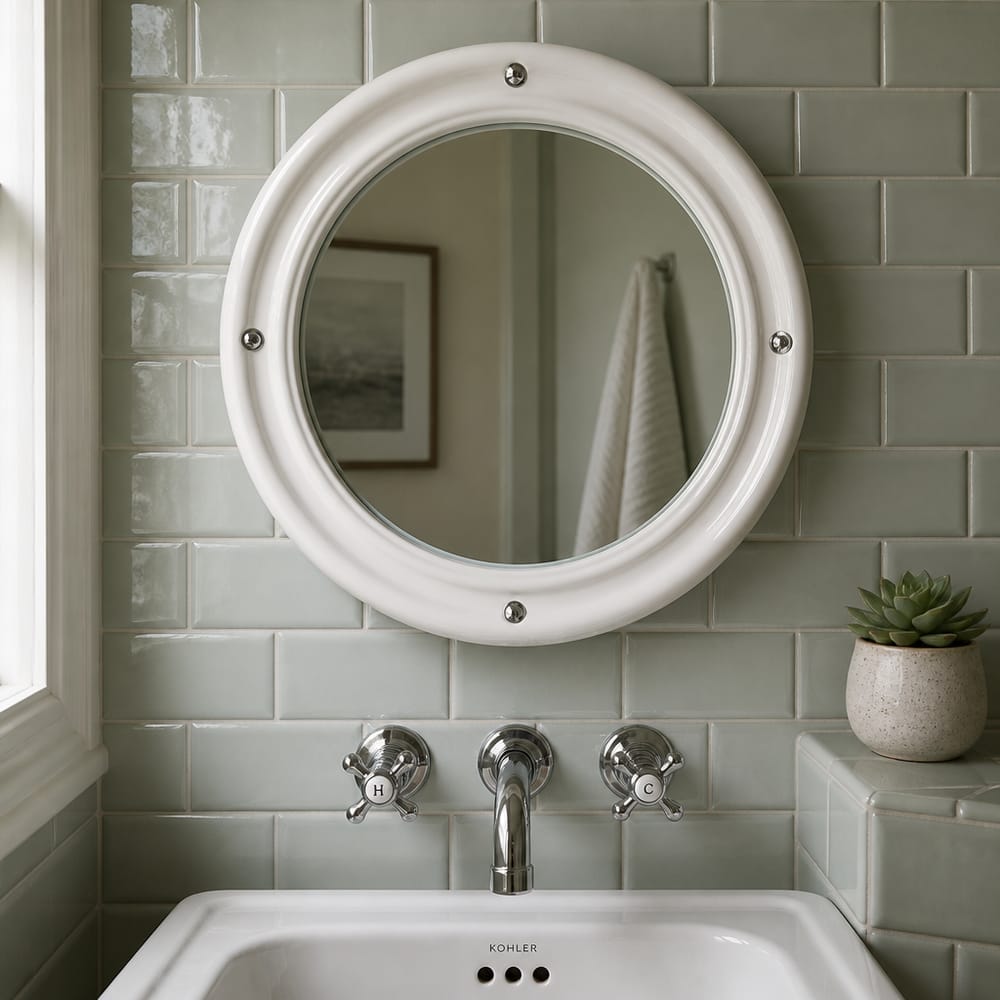 Round ceramic-framed porthole mirror, green tile