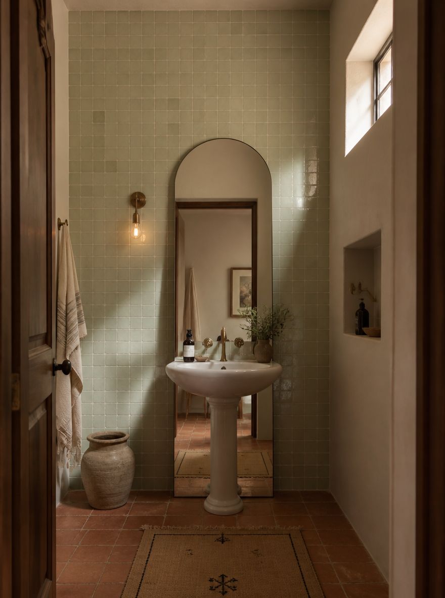 Arched frameless mirror beside pedestal sink