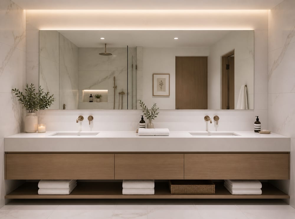 Wide frameless mirror with recessed LED strip