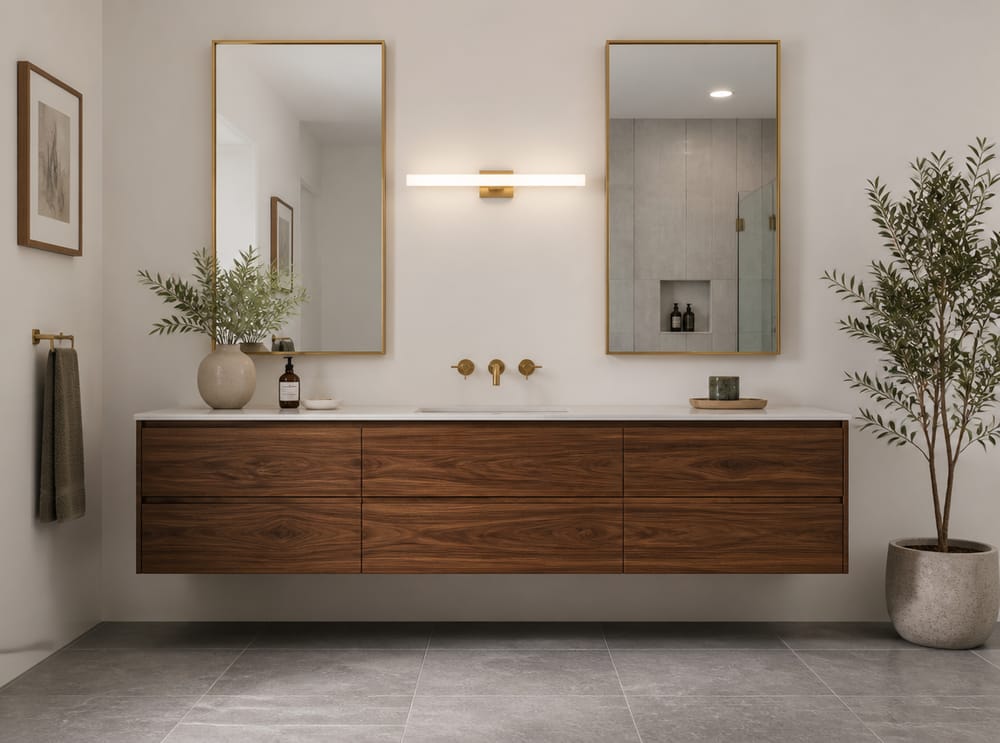 Diptych gold-framed mirrors above walnut vanity