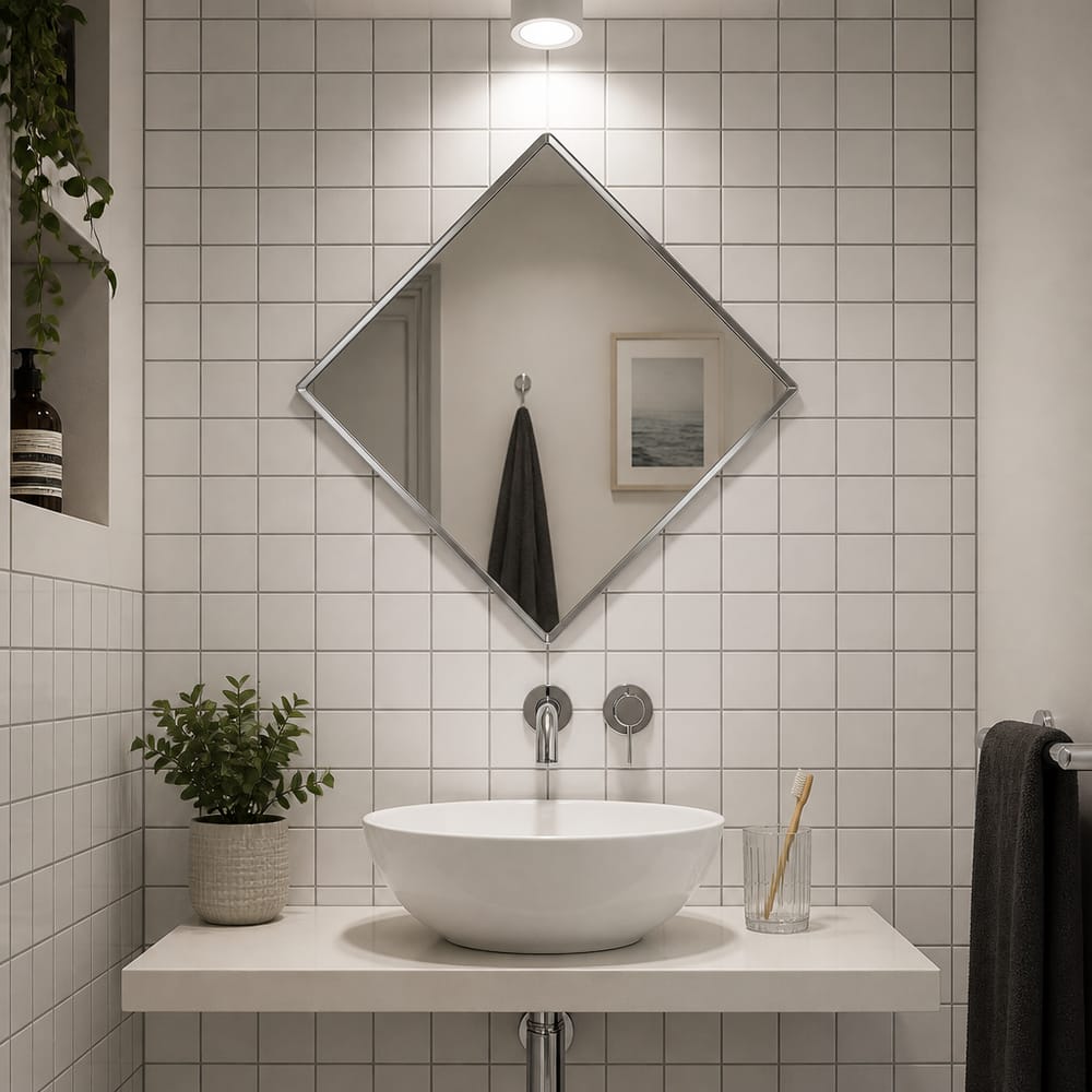 Diamond-shaped chrome mirror above vessel sink