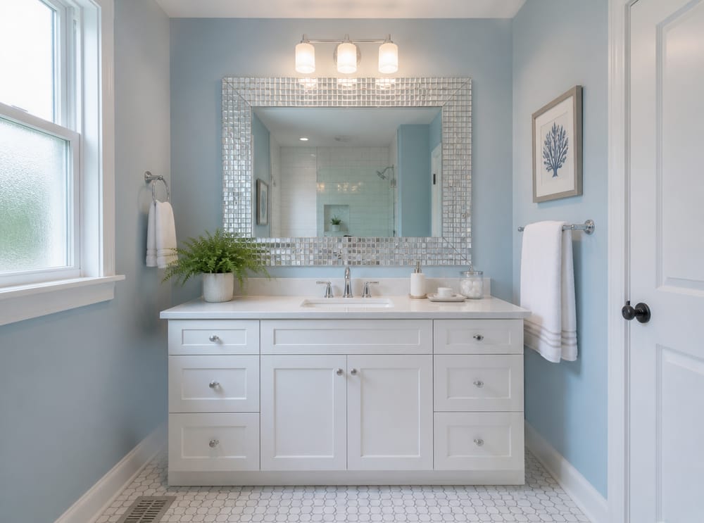 Mosaic mirrored-tile frame above blue vanity