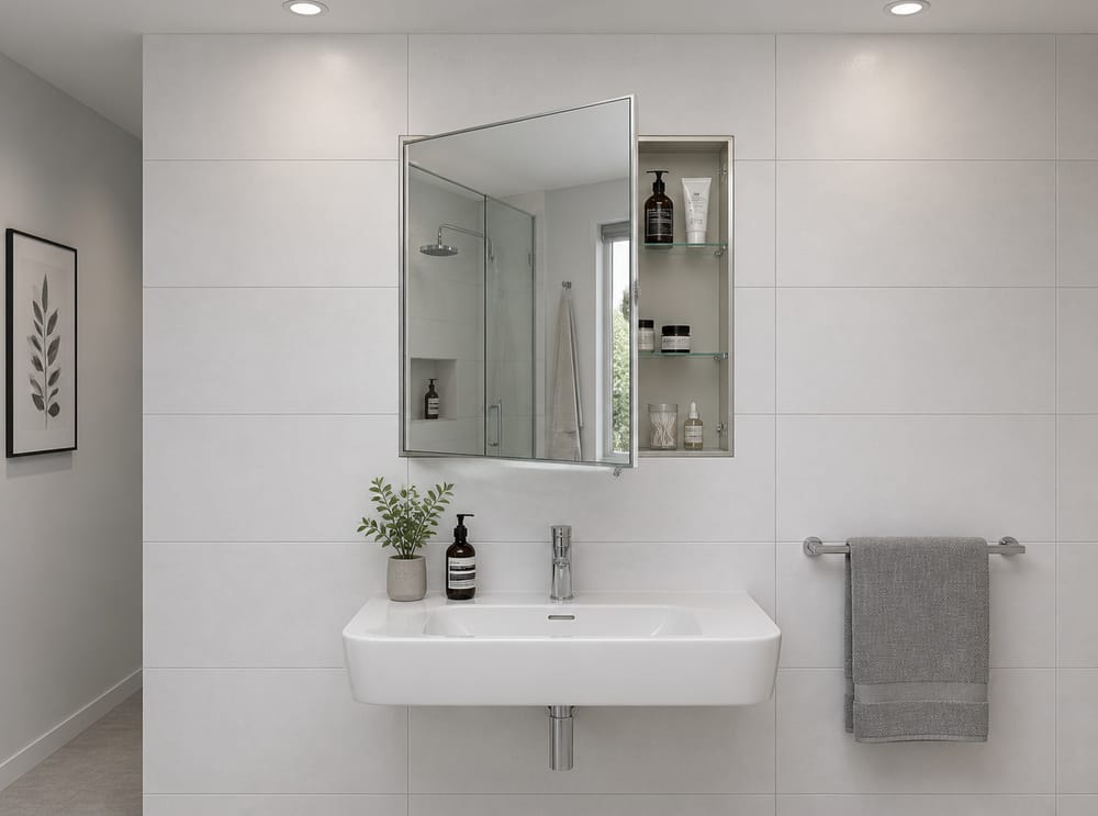 Recessed medicine cabinet mirror, white tile wall