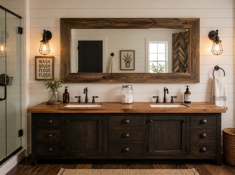 Barnwood-framed mirror above butcher-block vanity