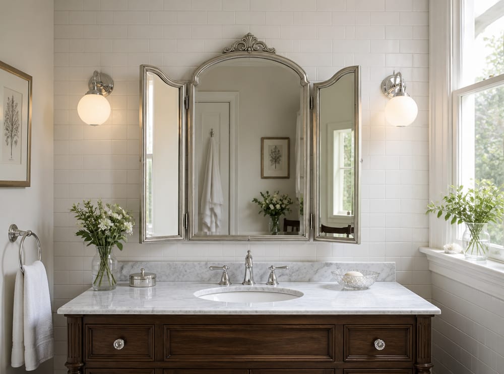 Vintage tri-fold mirror above marble vanity