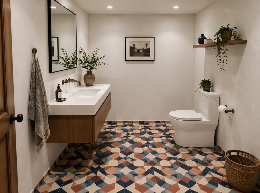 Diseño atrevido de cemento hidráulico en un baño compacto