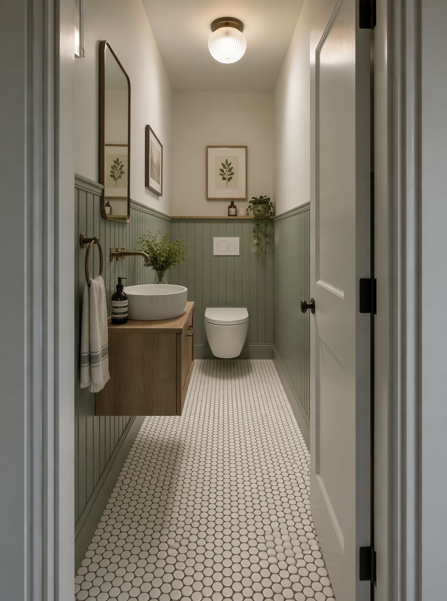 Mosaico de monedas en un baño estrecho con paneles de madera