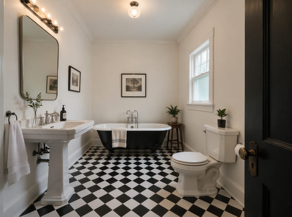 Clásico damero blanco y negro en un baño tradicional