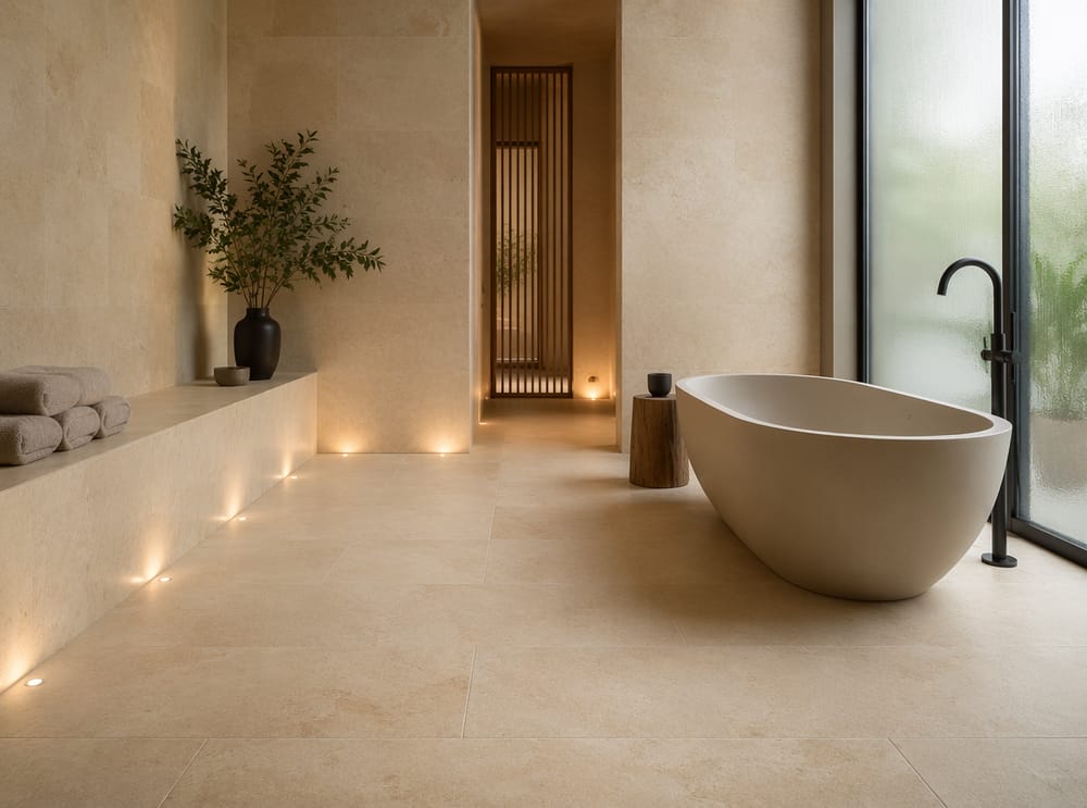 Azulejos de caliza mate en un baño tipo spa con bañera