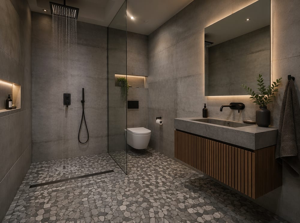 Mosaico de pizarra continua unificando un baño abierto tipo wet room