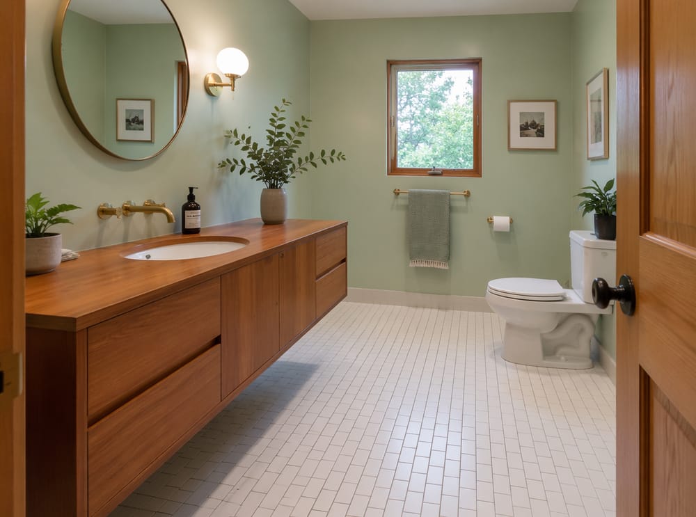 Azulejos cuadrados blancos desfasados en un baño verde menta y teca