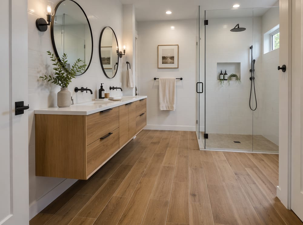 Porcelanato imitación madera aportando calidez a un baño de paredes blancas