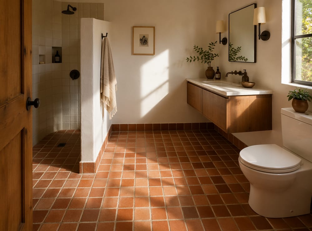 Azulejos cuadrados de terracota con juntas anchas en luz cálida de la tarde