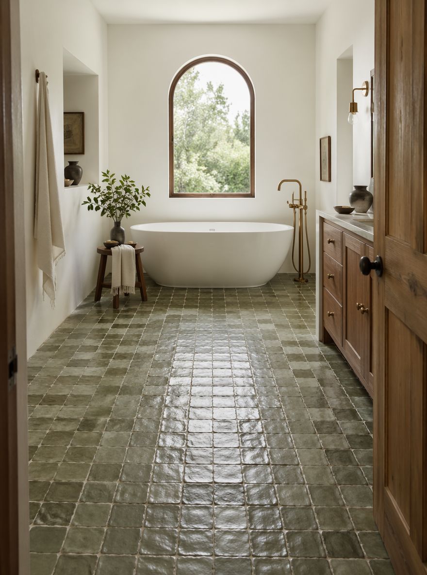 Mosaico zellige verde salvia bajo una bañera independiente