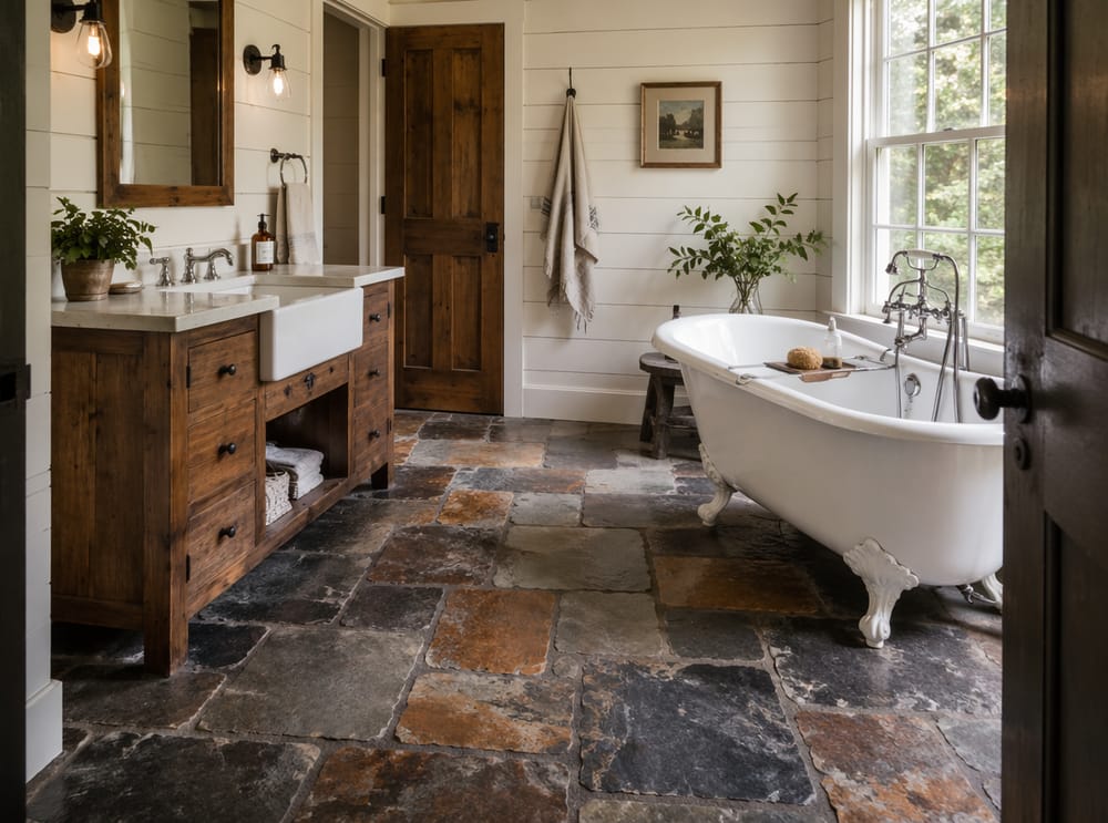 Azulejos de pizarra rústica en un baño estilo casa de campo