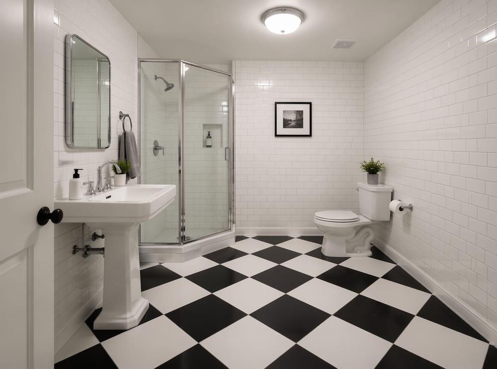 Suelo de rombos blanco y negro en un baño gráfico