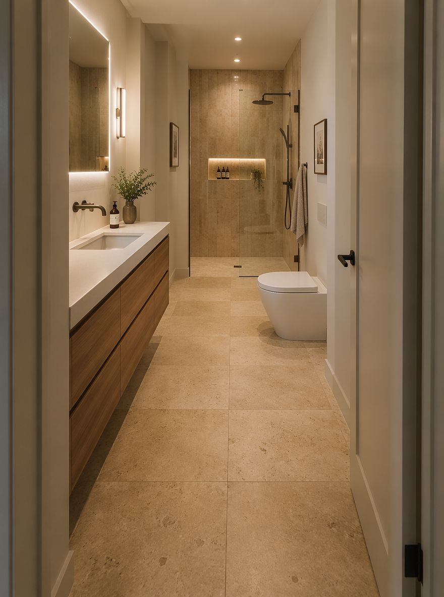Suelo continuo de caliza beige para un baño largo y estrecho