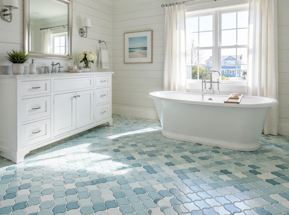 Mosaico azul claro en forma de escamas de pez en un baño de playa