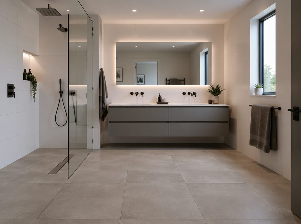 Porcelanato mate efecto cemento en un baño contemporáneo gris