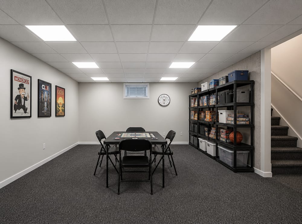 Controsoffitto a griglia con pannelli LED nella sala giochi