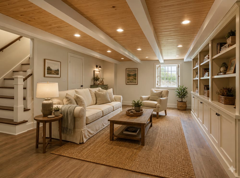 Soffitto in perline di pino tra travi bianche