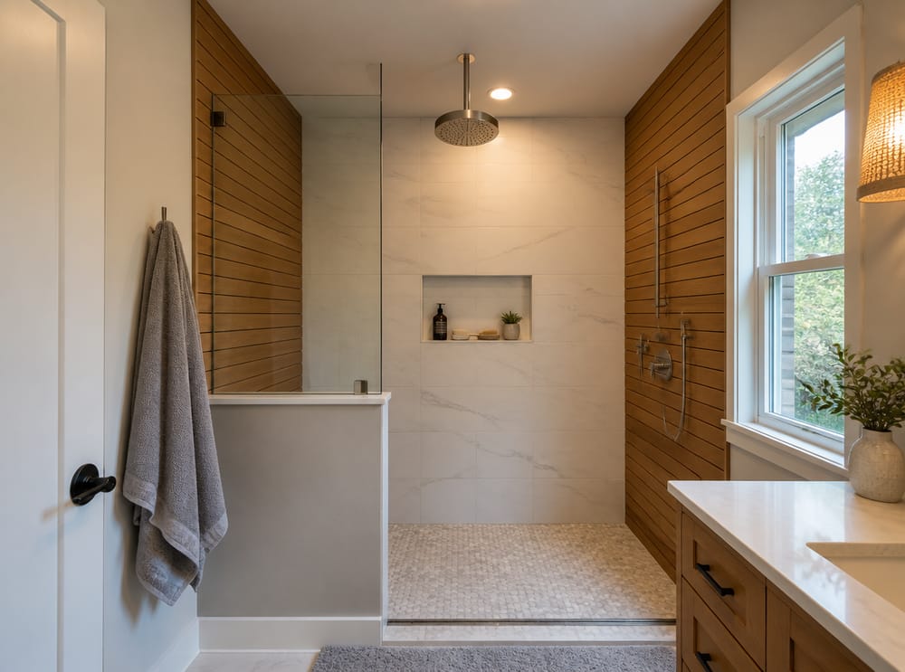 Lamelki z drewna tekowego z białymi płytkami porcelanowymi