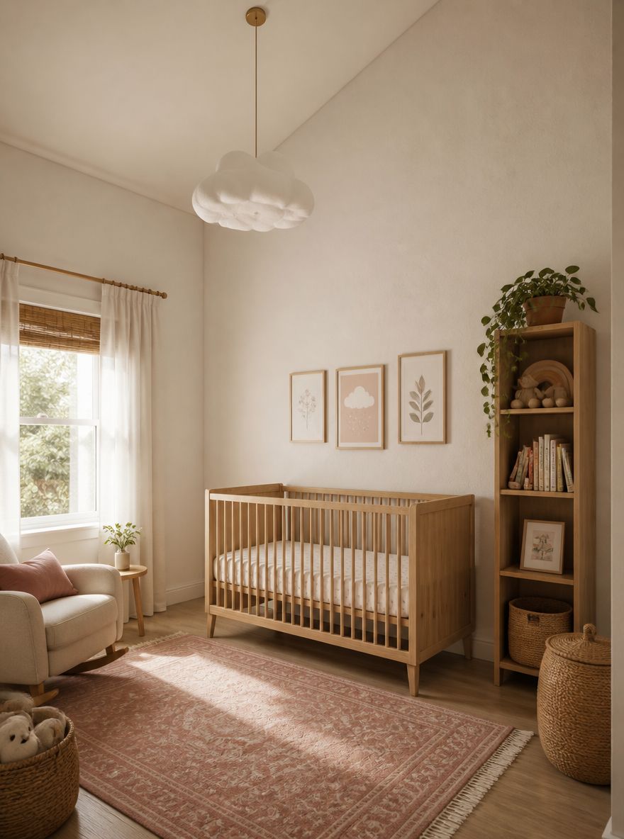 Vysoký strop, oblakové svítidlo nad nastavitelnou postýlkou