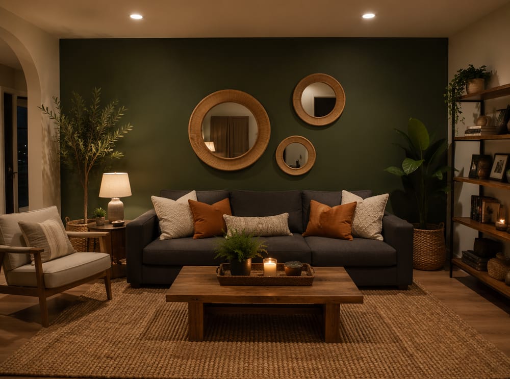 Grupo de espejos de ratán sobre pared verde bosque