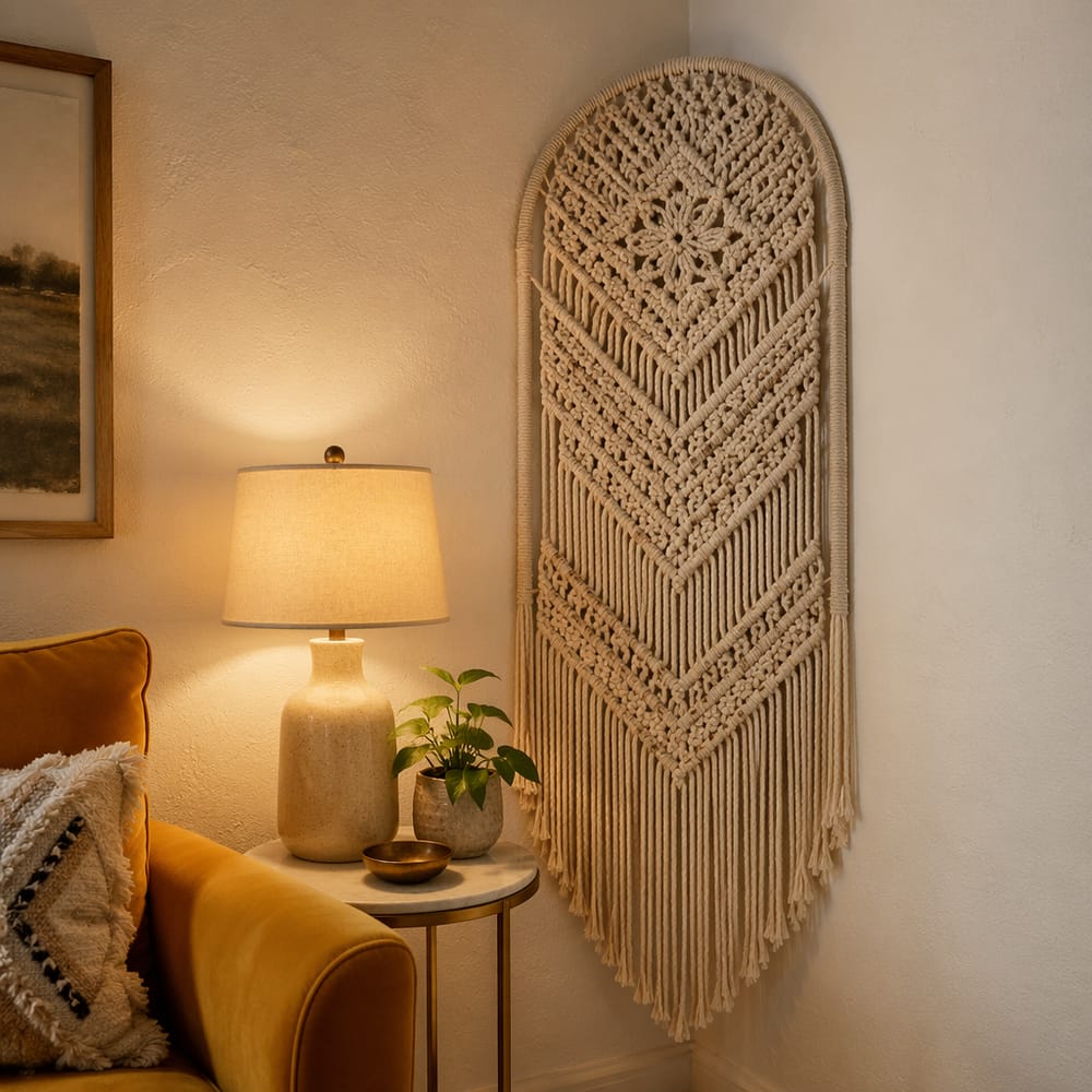 Pieza de macramé en arco que llena la esquina de una pared