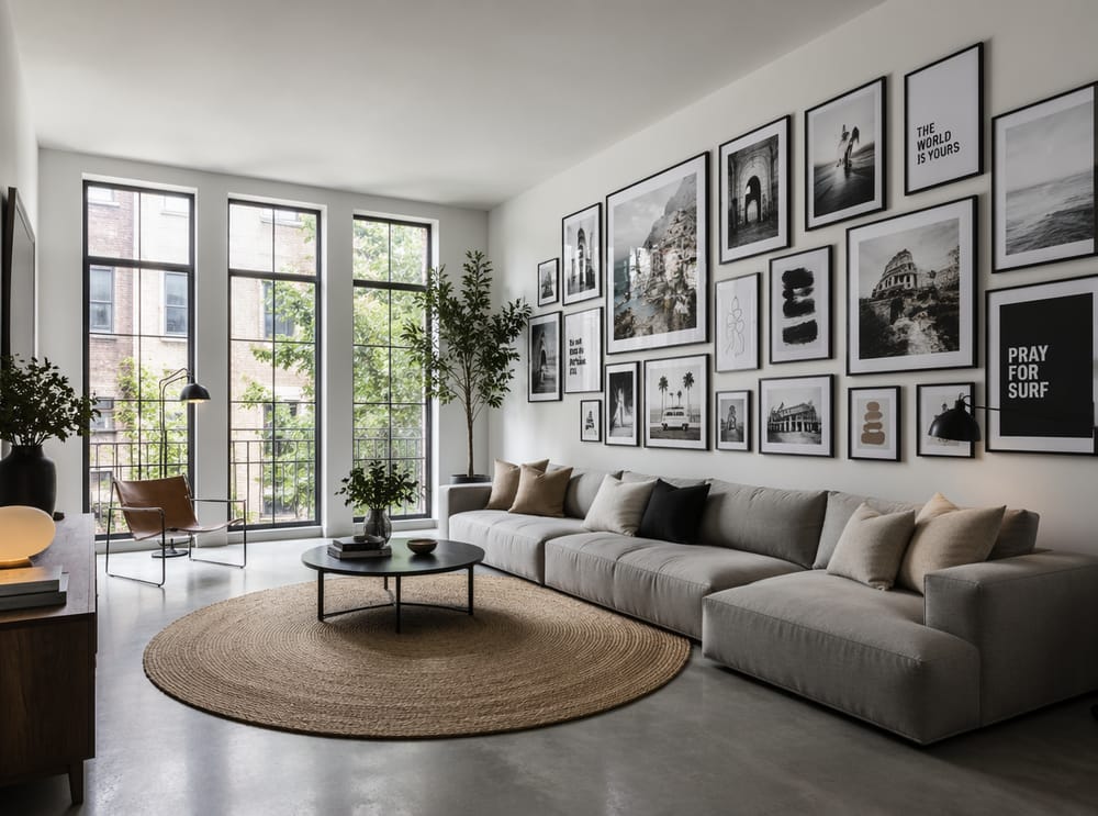 Galería de marcos negros junto a sofa gris